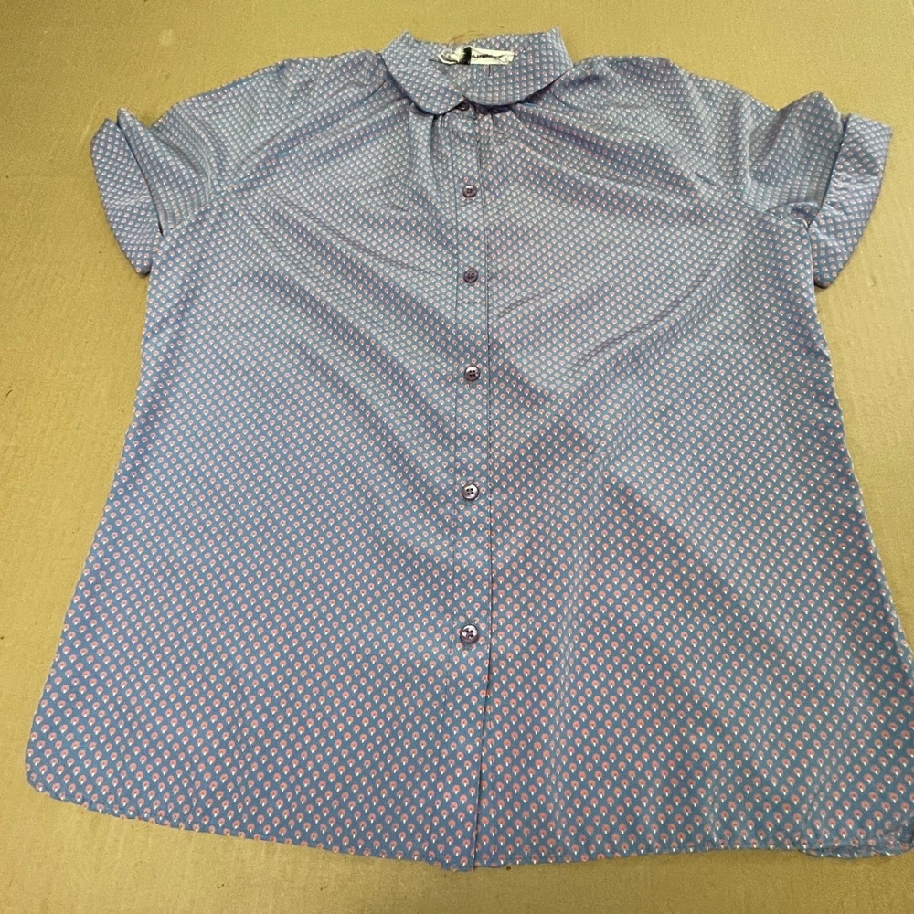 Vintage Prophecy Womens Large 80s Short‎ Sleeve Button Up Blouse Blue Geometric
